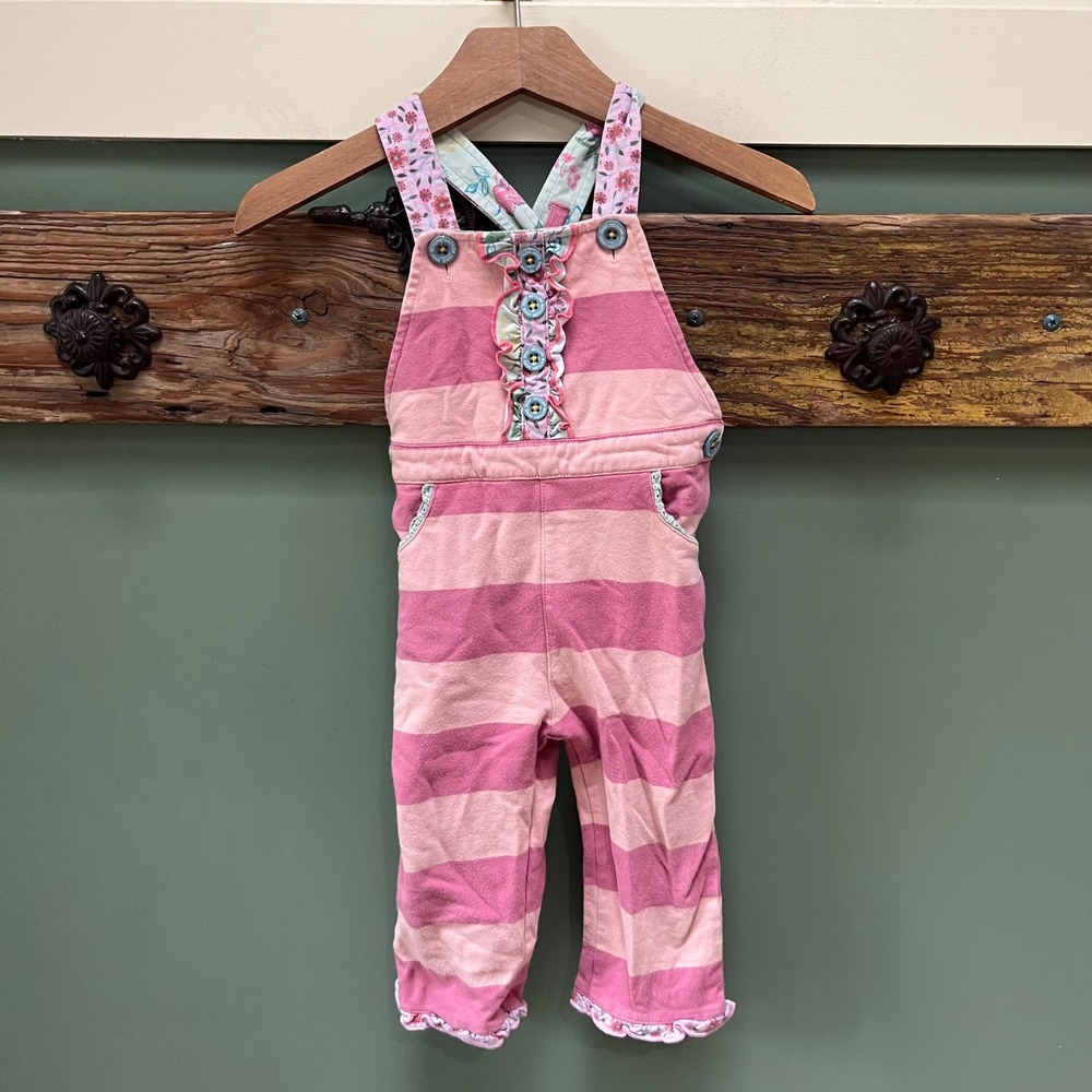 Matilda Jane Girls Pink Striped Floral Ruffle Overalls Size 12-18 Months